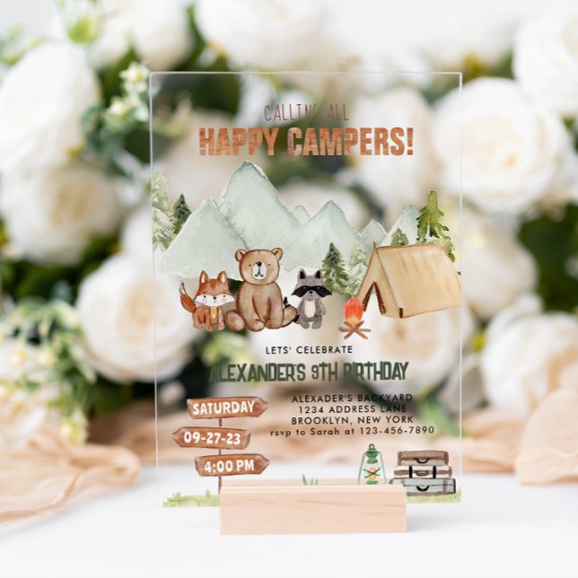 Invitaciones Acrílicas Moderno Woodland Feliz Camper Camping Niños Cumple (Subido por el creador)