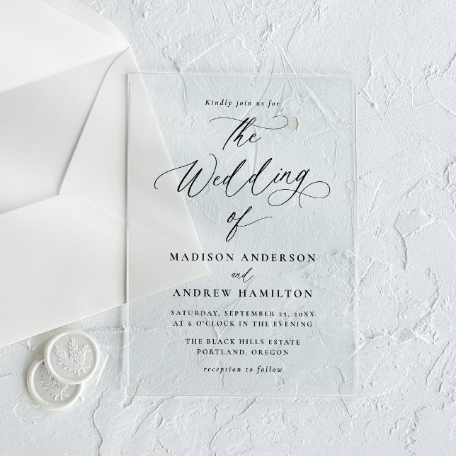 Invitaciones Acrílicas Moderno y elegante Boda de caligrafía negra (Subido por el creador)