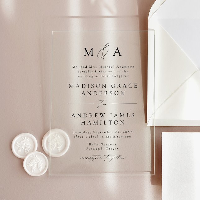 Invitaciones Acrílicas Moderno y elegante Boda de Monograma de Guión Negr (Subido por el creador)