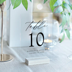 Invitaciones Acrílicas Moderno y elegante guión negro número de tabla acr