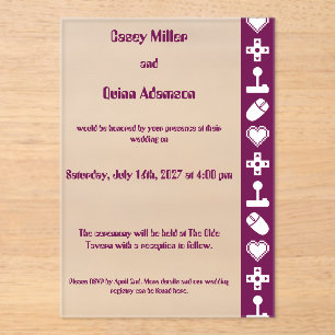 Invitaciones Acrílicas Modo Multijugador en Vino Acrílico Boda 