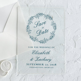 Invitaciones Acrílicas Monogram Teal Blue Wreath Wedding Save the Date