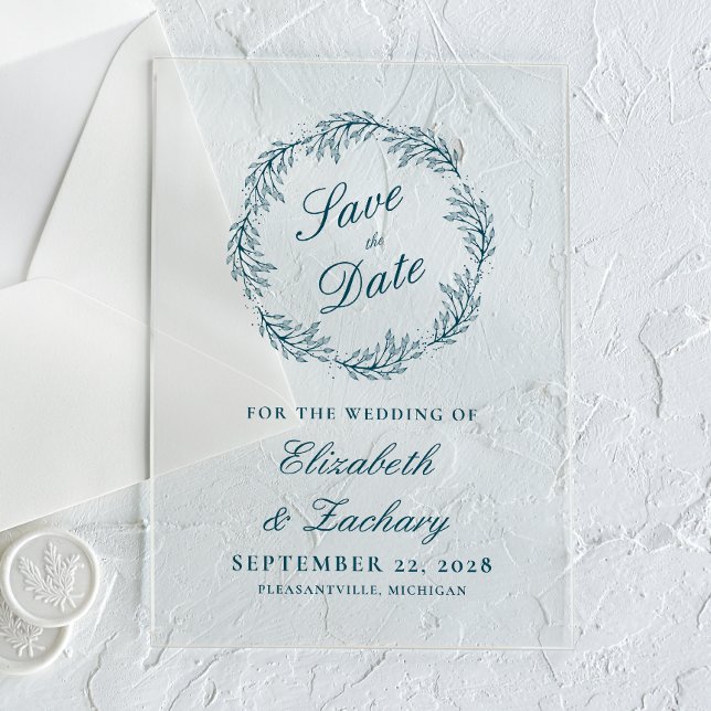 Invitaciones Acrílicas Monogram Teal Blue Wreath Wedding Save the Date (Subido por el creador)