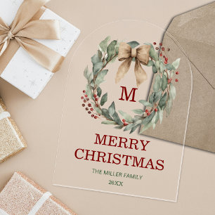 Invitaciones Acrílicas Monograma acuarela Wreath Merry Christmas Card
