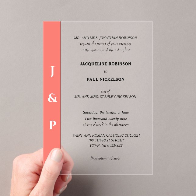 Invitaciones Acrílicas Monograma blanco coral Novia y Groom transparente (Insitu (portátil))