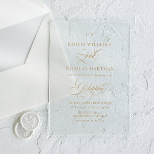 Invitaciones Acrílicas Monograma Boda de caligrafía elegante de oro