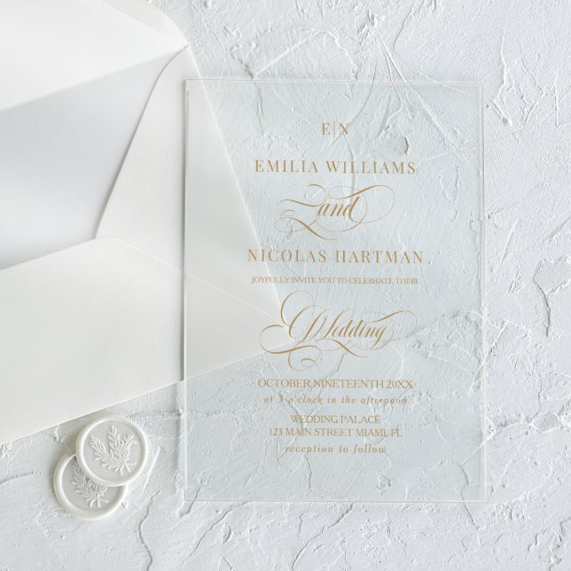 Invitaciones Acrílicas Monograma Boda de caligrafía elegante de oro (Subido por el creador)