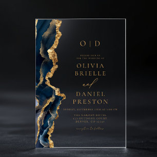 Invitaciones Acrílicas Monograma Boda de la elegante Marina de Oro Azul