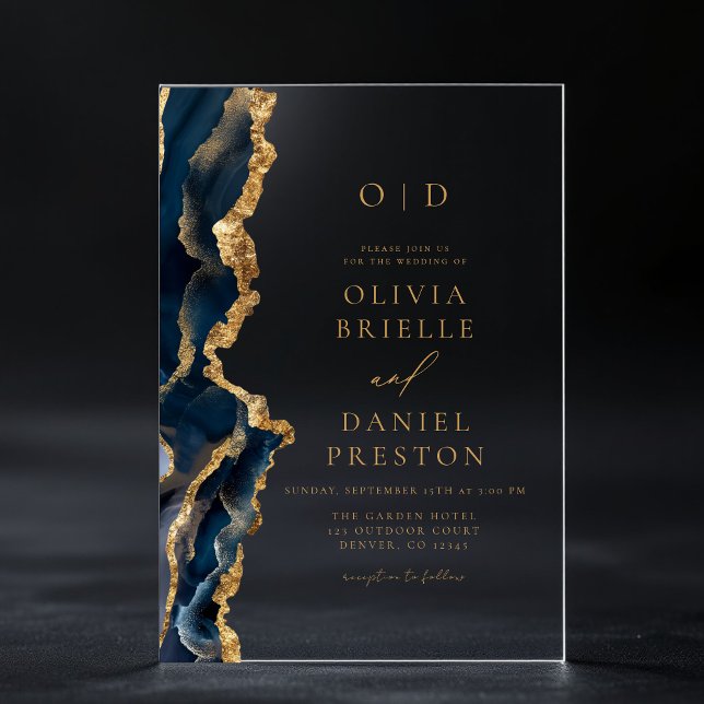 Invitaciones Acrílicas Monograma Boda de la elegante Marina de Oro Azul (Subido por el creador)