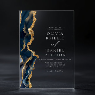 Invitaciones Acrílicas Monograma Boda de la elegante Marina de Oro Azul