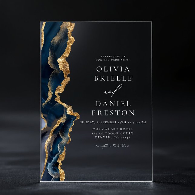 Invitaciones Acrílicas Monograma Boda de la elegante Marina de Oro Azul (Subido por el creador)