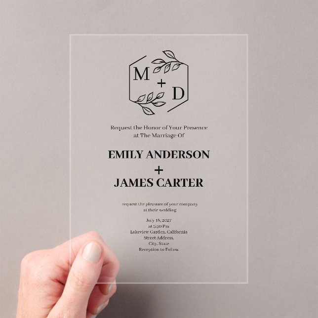 Invitaciones Acrílicas Monograma Botánico Mínimo para Boda (Insitu (portátil))