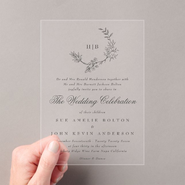 Invitaciones Acrílicas Monograma clásico de floración floral (Insitu (portátil))