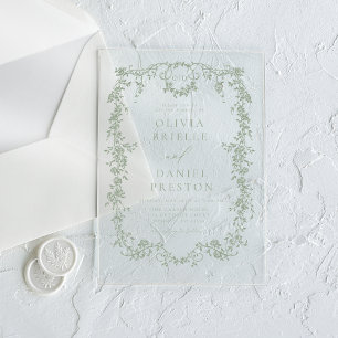 Invitaciones Acrílicas Monograma de boda verde sabio francés victoriano