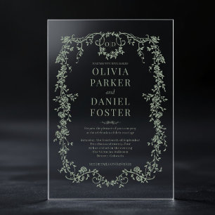 Invitaciones Acrílicas Monograma de boda verde sabio victoriano