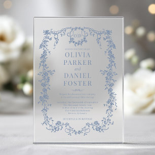 Invitaciones Acrílicas Monograma de boda victoriano en azul polvoriento