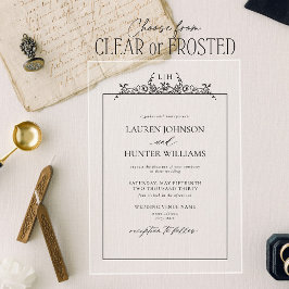 Invitaciones Acrílicas Monograma de borde floral blanco negro Boda