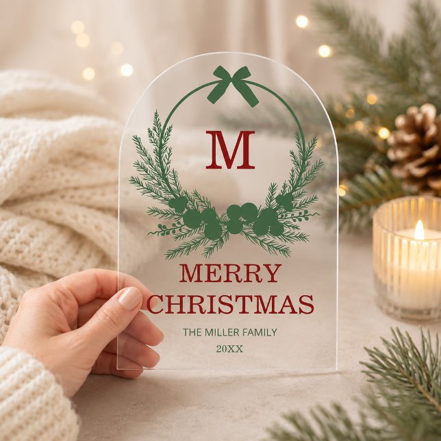 Invitaciones Acrílicas Monograma de Corona Moderna Feliz Navidad  (Modern Wreath Monogram Merry Christmas Acrylic Invitations)