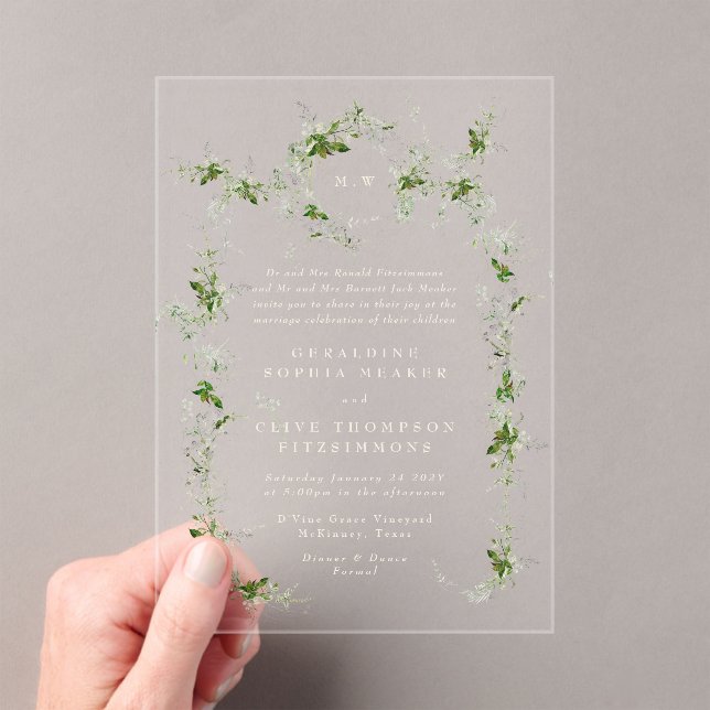 Invitaciones Acrílicas Monograma de crema de eucalipto verde Boda (Insitu (portátil))