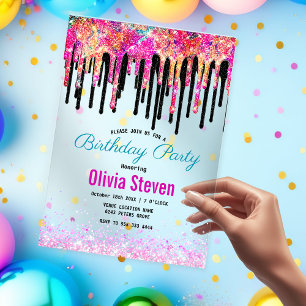 Invitaciones Acrílicas Monograma de cumpleaños con gotas de purpurina col