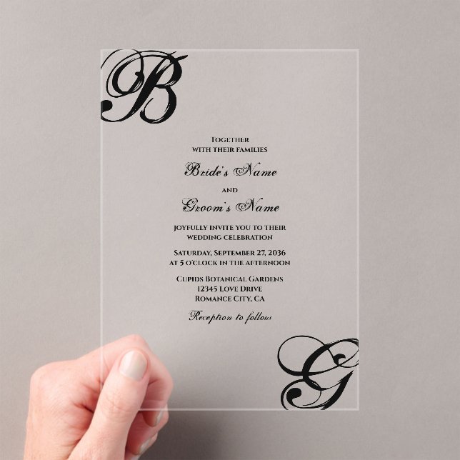 Invitaciones Acrílicas Monograma de escritura en blanco y negro Boda (Insitu (portátil))