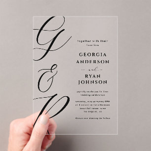 Invitaciones Acrílicas Monograma de guión sobredimensionado transparente