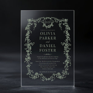 Invitaciones Acrílicas Monograma del Boda verde sabio victoriano