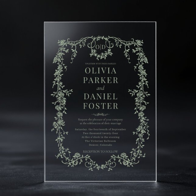 Invitaciones Acrílicas Monograma del Boda verde sabio victoriano (Subido por el creador)