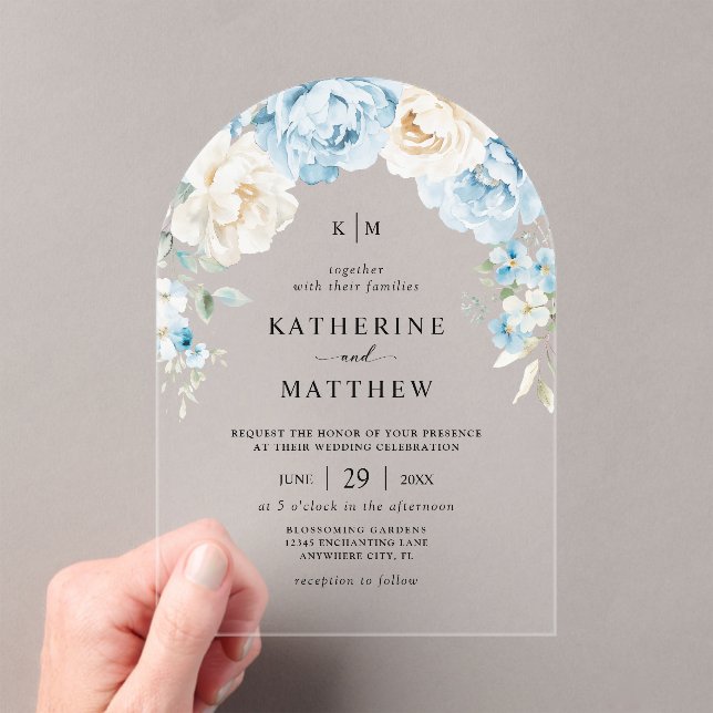 Invitaciones Acrílicas Monograma Dusty Blue Champagne Boda de marfil (Insitu (portátil))