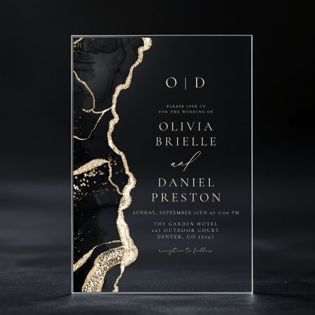 Invitaciones Acrílicas Monograma elegante Boda de la agata de oro negro (Subido por el creador)