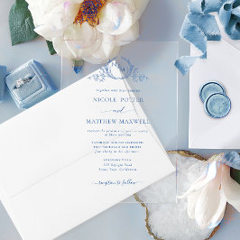 Invitaciones Acrílicas Monograma elegante de la corona azul