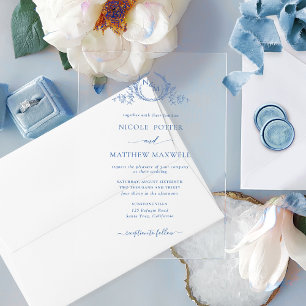 Invitaciones Acrílicas Monograma elegante de la corona azul