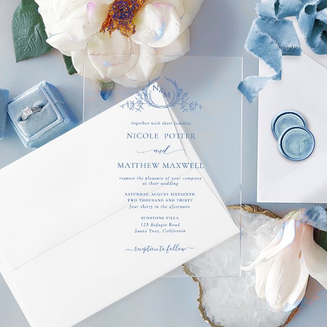Invitaciones Acrílicas Monograma elegante de la corona azul (Subido por el creador)