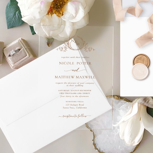 Invitaciones Acrílicas Monograma elegante de la corona real beige (Subido por el creador)