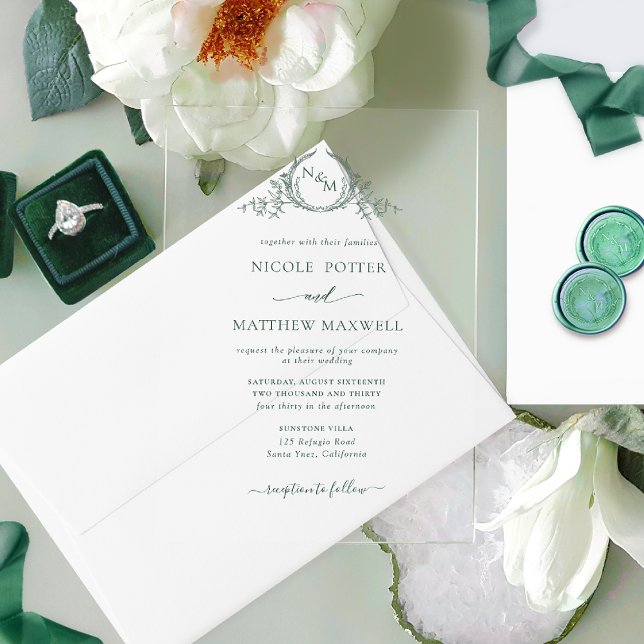 Invitaciones Acrílicas Monograma elegante de la corona real verde (Subido por el creador)