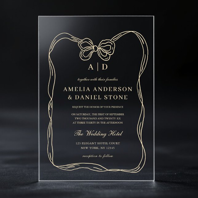 Invitaciones Acrílicas Monograma elegante formal de oro con arco de oro (Subido por el creador)
