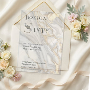 Invitaciones Acrílicas Monograma Floral de Mármol con Vena Dorada Cumplea