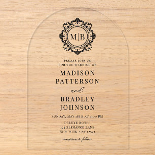 Invitaciones Acrílicas Monograma Floral Ornate Boda Elegante Negro
