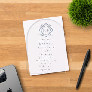 Invitaciones Acrílicas Monograma Floral Ornate Boda Elegante Plata