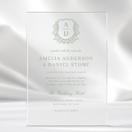 Invitaciones Acrílicas Monograma Floral Verde Salvia para Boda Crest