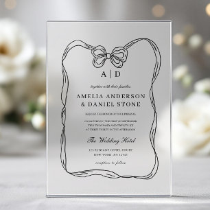 Invitaciones Acrílicas Monograma Formal Elegante de Lazo Negro y Blanco