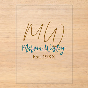 Invitaciones Acrílicas Monograma marrón azul turquesa año aprox. mini sim