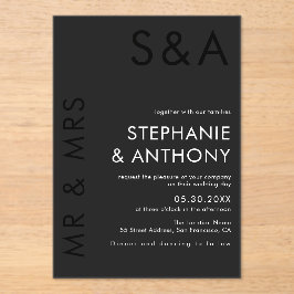 Invitaciones Acrílicas Monograma Minimalista moderno Boda blanco y negro