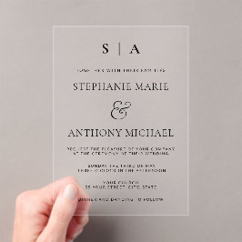 Invitaciones Acrílicas Monograma mínimo moderno Boda blanco y negro
