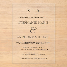 Invitaciones Acrílicas Monograma mínimo moderno Boda blanco y negro