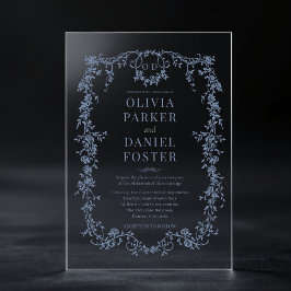 Invitaciones Acrílicas Monograma Victoriano Francés Polvo Azul de Boda