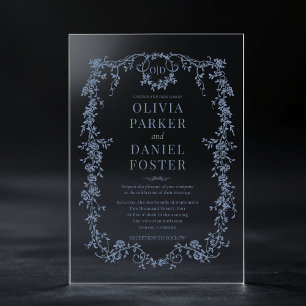 Invitaciones Acrílicas Monograma Victoriano Francés Polvo Azul de Boda