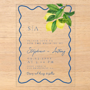 Invitaciones Acrílicas Monogramas Limón Cítrico, Onda Azul Borde Boda