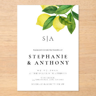 Invitaciones Acrílicas Monogramas Ramo de Limón Verde Bodas