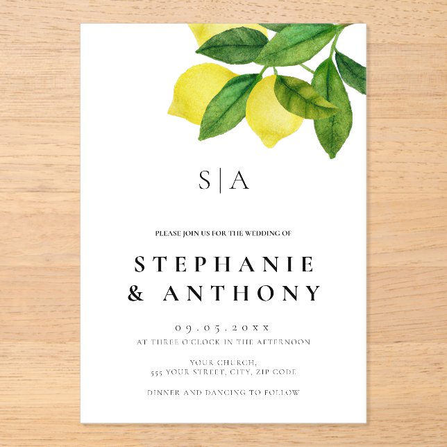 Invitaciones Acrílicas Monogramas Ramo de Limón Verde Bodas (Anverso)